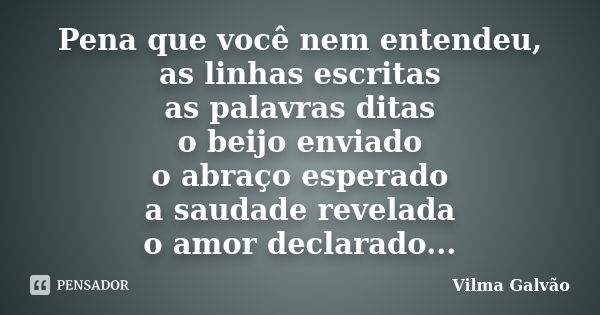 Pena que você nem entendeu, as linhas escritas as palavras ditas o beijo enviado o abraço esperado a saudade revelada o amor declarado...... Frase de Vilma Galvão.