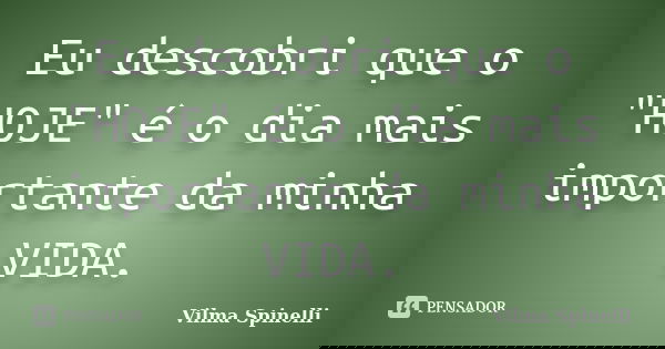 Eu descobri que o "HOJE" é o dia mais importante da minha VIDA.... Frase de Vilma Spinelli.