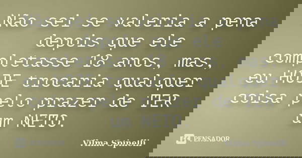 Não sei se valeria a pena depois que ele completasse 18 anos, mas, eu HOJE trocaria qualquer coisa pelo prazer de TER um NETO.... Frase de Vilma Spinelli.