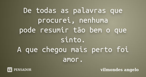 De todas as palavras que procurei, nenhuma pode resumir tão bem o que sinto. A que chegou mais perto foi amor.... Frase de vilmondes angelo.