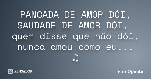 PANCADA DE AMOR DÓI, SAUDADE DE AMOR DÓI, quem disse que não dói, nunca amou como eu... ♫... Frase de Vini Opoeta.