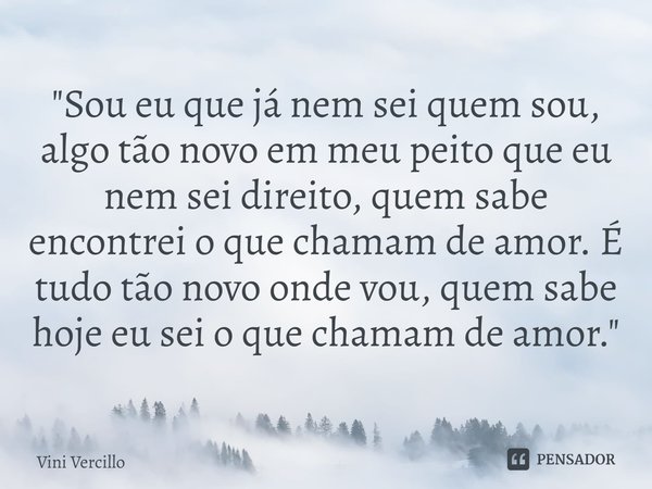 ⁠"Sou eu que já nem sei quem sou, algo tão novo em meu peito que eu nem sei direito, quem sabe encontrei o que chamam de amor. É tudo tão novo onde vou, qu... Frase de Vini Vercillo.