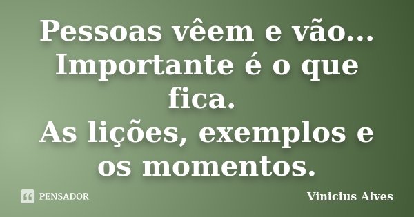 Pessoas vêem e vão... Importante é o que fica. As lições, exemplos e os momentos.... Frase de Vinicius Alves.