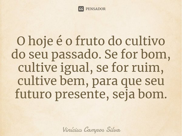 ⁠O hoje é o fruto do cultivo do seu passado. Se for bom, cultive igual, se for ruim, cultive bem, para que seu futuro presente, seja bom.... Frase de Vinícius Campos Silva.