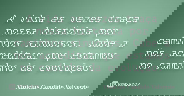 A vida as vezes traça nossa história por caminhos sinuosos. Cabe a nós acreditar que estamos no caminho da evolução.... Frase de Vinicius Candido Valverde.