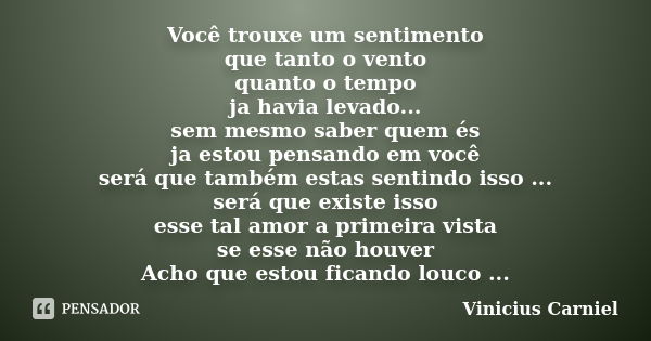 Você trouxe um sentimento que tanto o vento quanto o tempo ja havia levado... sem mesmo saber quem és ja estou pensando em você será que também estas sentindo i... Frase de Vinicius Carniel.