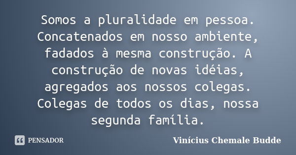 Somos a pluralidade em pessoa. Concatenados em nosso ambiente, fadados à mesma construção. A construção de novas idéias, agregados aos nossos colegas. Colegas d... Frase de Vinícius Chemale Budde.