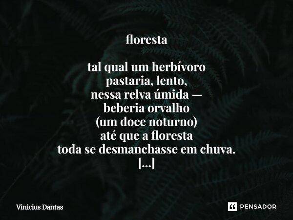 floresta tal qual um herbívoro pastaria, lento, nessa relva úmida — beberia orvalho (um doce noturno) até que a floresta toda se desmanchasse em chuva. (e eu, ... Frase de Vinícius Dantas.
