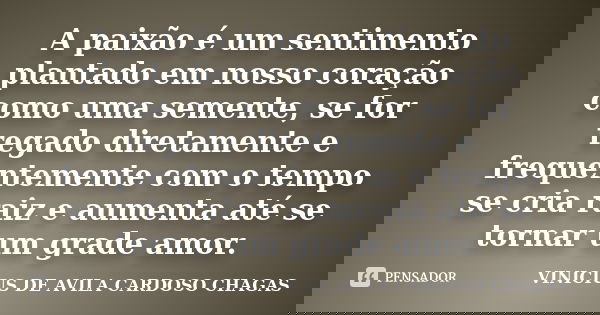 A paixão é um sentimento plantado em nosso coração como uma semente, se for regado diretamente e frequentemente com o tempo se cria raiz e aumenta até se tornar... Frase de VINICIUS DE AVILA CARDOSO CHAGAS.