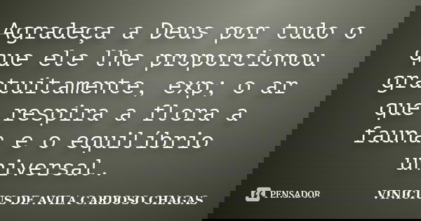 Agradeça a Deus por tudo o que ele lhe proporcionou gratuitamente, exp; o ar que respira a flora a fauna e o equilíbrio universal.... Frase de VINICIUS DE AVILA CARDOSO CHAGAS.