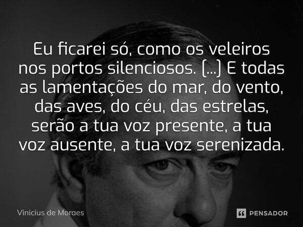 Eu ficarei só, como os veleiros nos portos silenciosos. [...] E todas as lamentações do mar, do vento, das aves, do céu, das estrelas, serão a tua voz presente,... Frase de Vinicius de Moraes.
