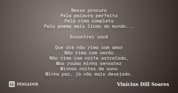 Nessa procura Pela palavra perfeita Pela rima completa Pelo poema mais lindo do mundo... Encontrei você Que até não rima com amor Não rima com verão Não rima co... Frase de Vinícius Dill Soares.