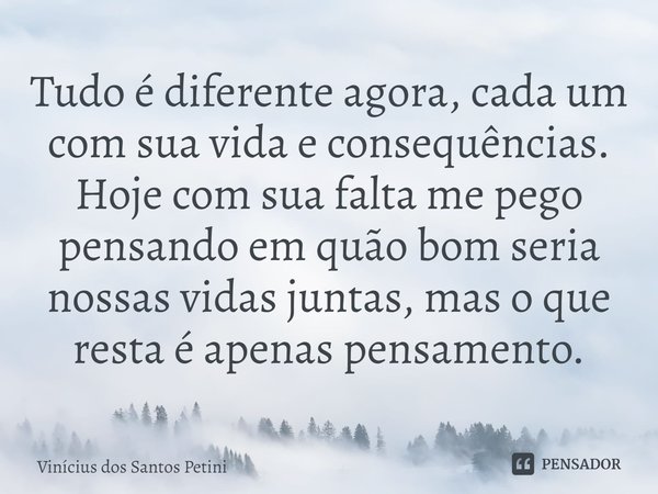 ⁠Tudo é diferente agora, cada um com sua vida e consequências. Hoje com sua falta me pego pensando em quão bom seria nossas vidas juntas, mas o que resta é apen... Frase de Vinícius dos Santos petini.