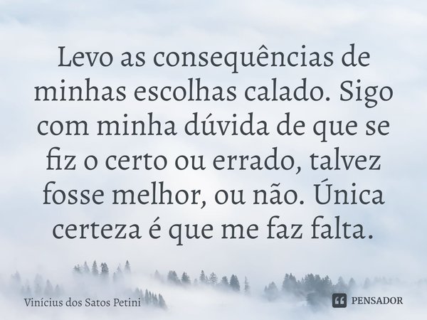 Levo as consequências de minhas escolhas calado. Sigo com minha dúvida de que se fiz o certo ou errado, talvez fosse melhor, ou não. Única certeza é que me faz ... Frase de Vinícius dos Satos Petini.