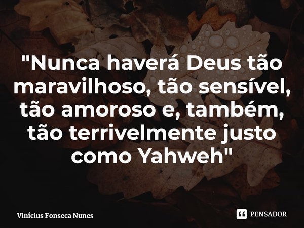 "⁠Nunca haverá Deus tão maravilhoso, tão sensível, tão amoroso e, também, tão terrivelmente justo como Yahweh"... Frase de Vinícius Fonseca Nunes.