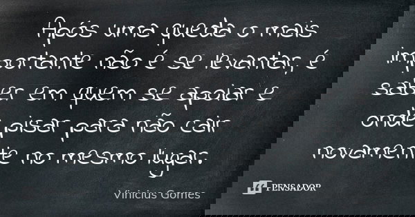Após uma queda o mais importante não é se levantar, é saber em quem se apoiar e onde pisar para não cair novamente no mesmo lugar.... Frase de Vinicius Gomes.