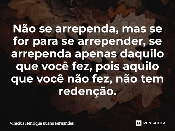⁠Não se arrependa, mas se for para se arrepender, se arrependa apenas daquilo que você fez, pois aquilo que você não fez, não tem redenção.... Frase de Vinícius Henrique Bueno Fernandes.
