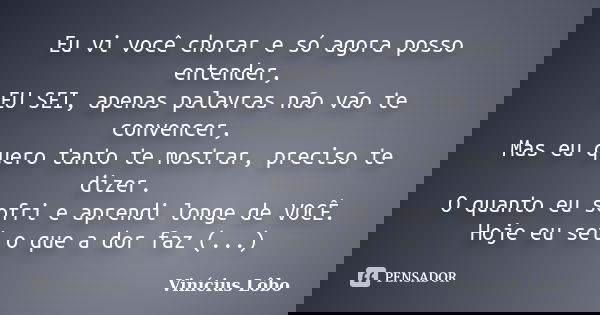 Eu vi você chorar e só agora posso entender, EU SEI, apenas palavras não vão te convencer, Mas eu quero tanto te mostrar, preciso te dizer. O quanto eu sofri e ... Frase de Vinícius Lôbo.