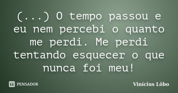 (...) O tempo passou e eu nem percebi o quanto me perdi. Me perdi tentando esquecer o que nunca foi meu!... Frase de Vinícius Lôbo.