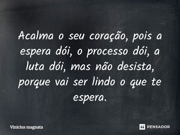⁠Acalma o seu coração, pois a espera dói, o processo dói, a luta dói, mas não desista, porque vai ser lindo o que te espera.... Frase de Vinicius magnata.