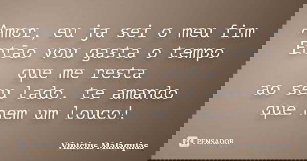 Amor, eu ja sei o meu fim Então vou gasta o tempo que me resta ao seu lado. te amando que nem um louco!... Frase de Vinicius Malaquias.