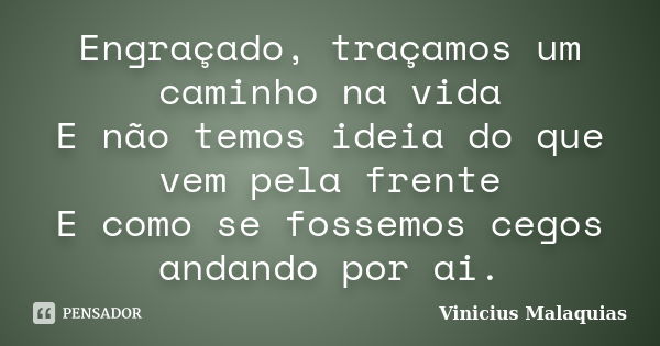 Engraçado, traçamos um caminho na vida E não temos ideia do que vem pela frente E como se fossemos cegos andando por ai.... Frase de Vinicius Malaquias.