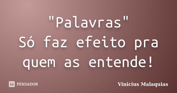 "Palavras" Só faz efeito pra quem as entende!... Frase de Vinicius Malaquias.