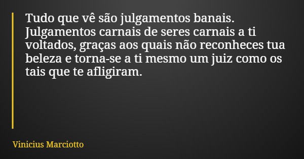 Tudo que vê são julgamentos banais. Julgamentos carnais de seres carnais a ti voltados, graças aos quais não reconheces tua beleza e torna-se a ti mesmo um juiz... Frase de Vinicius Marciotto.