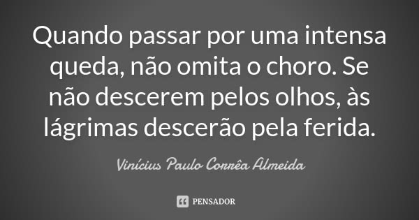 Quando passar por uma intensa queda, não omita o choro. Se não descerem pelos olhos, às lágrimas descerão pela ferida.... Frase de Vinícius Paulo Corrêa Almeida.
