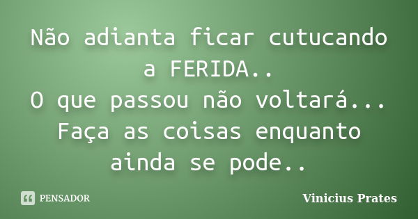 Não adianta ficar cutucando a FERIDA.. O que passou não voltará... Faça as coisas enquanto ainda se pode..... Frase de Vinicius Prates.