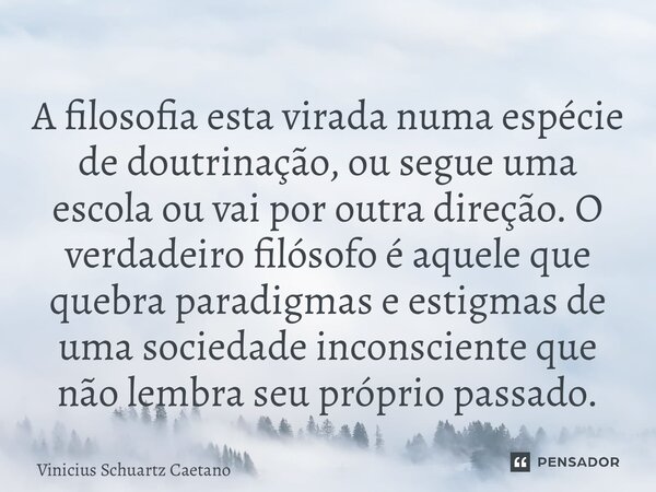 ⁠A filosofia esta virada numa espécie de doutrinação, ou segue uma escola ou vai por outra direção. O verdadeiro filósofo é aquele que quebra paradigmas e estig... Frase de Vinicius Schuartz Caetano.