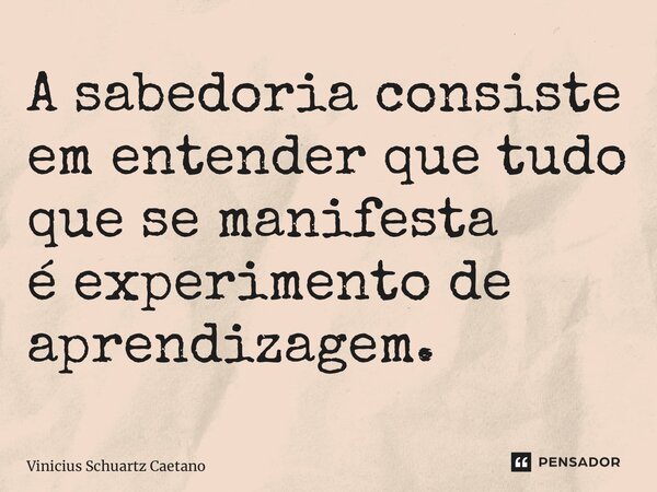 ⁠A sabedoria consiste em entender que tudo que se manifesta é experimento de aprendizagem.... Frase de Vinicius Schuartz Caetano.