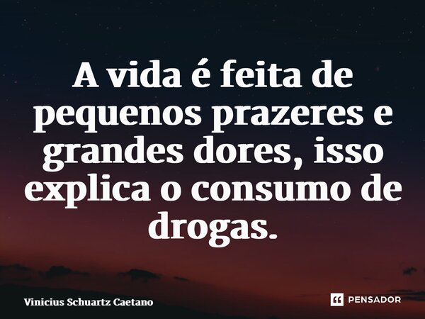 ⁠A vida é feita de pequenos prazeres e grandes dores, isso explica o consumo de drogas.... Frase de Vinicius Schuartz Caetano.
