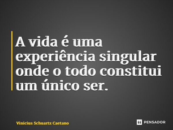⁠A vida é uma experiência singular onde o todo constitui um único ser.... Frase de Vinicius Schuartz Caetano.