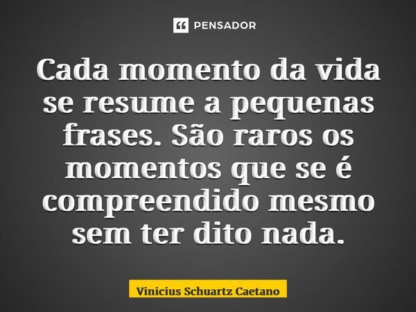 ⁠Cada momento da vida se resume a pequenas frases. São raros os momentos que se é compreendido mesmo sem ter dito nada.... Frase de Vinicius Schuartz Caetano.