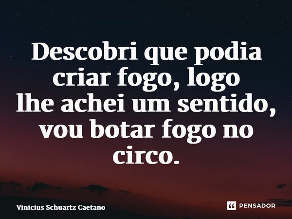 ⁠Descobri que podia criar fogo, logo lheachei um sentido, vou botar fogo no circo.... Frase de Vinicius Schuartz Caetano.