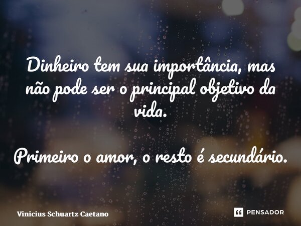 ⁠Dinheiro tem sua importância, mas não pode ser o principal objetivo da vida. Primeiro o amor, o resto é secundário.... Frase de Vinicius Schuartz Caetano.