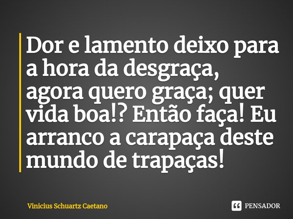 ⁠Dor e lamento deixo para a hora da desgraça, agora quero graça; quer vida boa!? Então faça! Eu arrancoa carapaça deste mundo de trapaças!... Frase de Vinicius Schuartz Caetano.