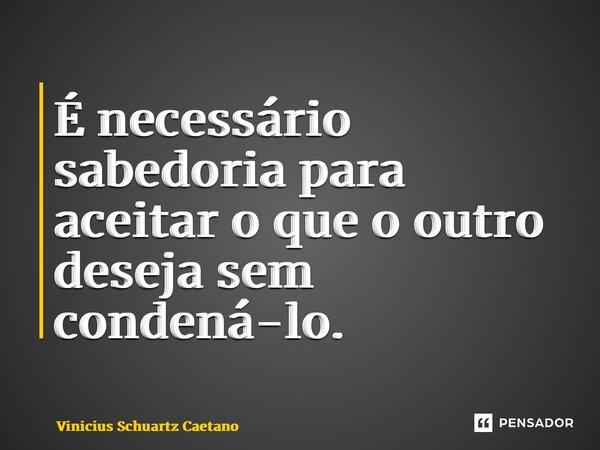 ⁠É necessário sabedoria para aceitar o que o outro deseja sem condená-lo.... Frase de Vinicius Schuartz Caetano.