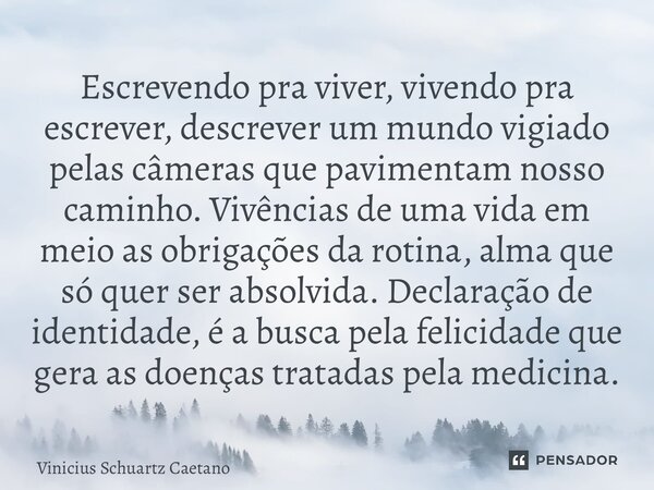 ⁠Escrevendo pra viver, vivendo pra escrever, descrever um mundo vigiado pelas câmeras que pavimentam nosso caminho. Vivências de uma vida em meio as obrigações ... Frase de Vinicius Schuartz Caetano.