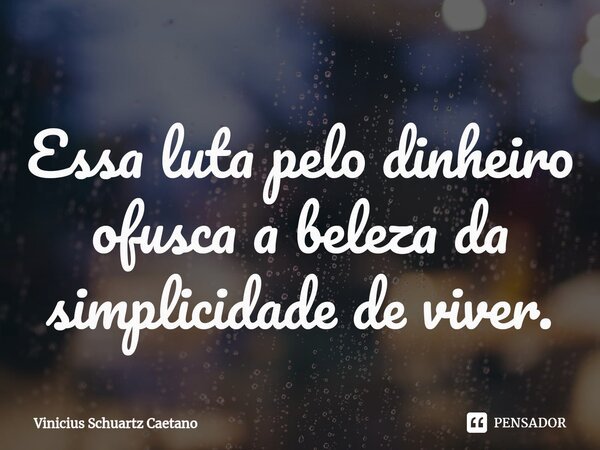⁠Essa luta pelo dinheiro ofusca a beleza da simplicidade de viver.... Frase de Vinicius Schuartz Caetano.
