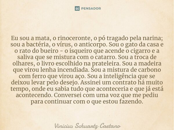 Eu sou a mata, o rinoceronte, o pó tragado pela narina; sou a bactéria, o vírus, o anticorpo. Sou o gato da casa e o rato do bueiro - o isqueiro que acende o ci... Frase de Vinicius Schuartz Caetano.