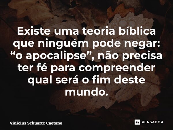⁠Existe uma teoria bíblica que ninguém pode negar: “o apocalipse”, não precisa ter fépara compreender qual será o fim deste mundo.... Frase de Vinicius Schuartz Caetano.