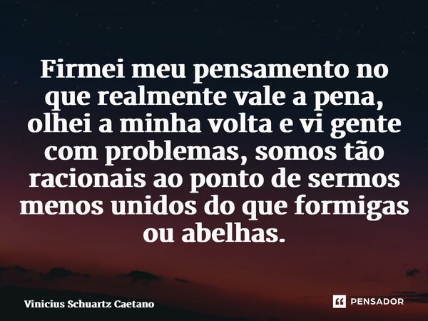 ⁠Firmei meu pensamento no que realmente vale a pena, olhei a minha volta e vi gente com problemas, somos tão racionais ao ponto de sermos menos unidos do que fo... Frase de Vinicius Schuartz Caetano.