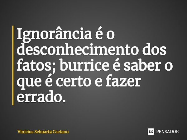 Ignorância é o desconhecimento dos fatos; burrice é saber o que é certo e fazer errado.... Frase de Vinicius Schuartz Caetano.