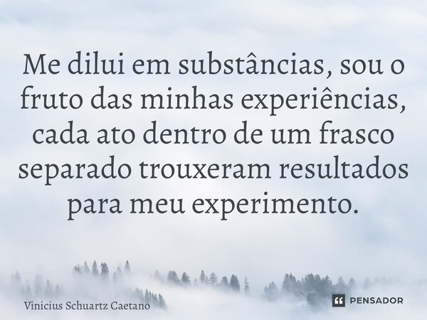Me dilui em substâncias, sou o fruto das minhas experiências, cada ato dentro de um frasco separado trouxeram resultados para meu experimento.⁠... Frase de Vinicius Schuartz Caetano.
