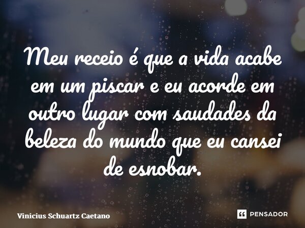 ⁠Meu receio é que a vida acabe em um piscar e eu acorde em outro lugar com saudades da beleza do mundo que eu cansei de esnobar.... Frase de Vinicius Schuartz Caetano.