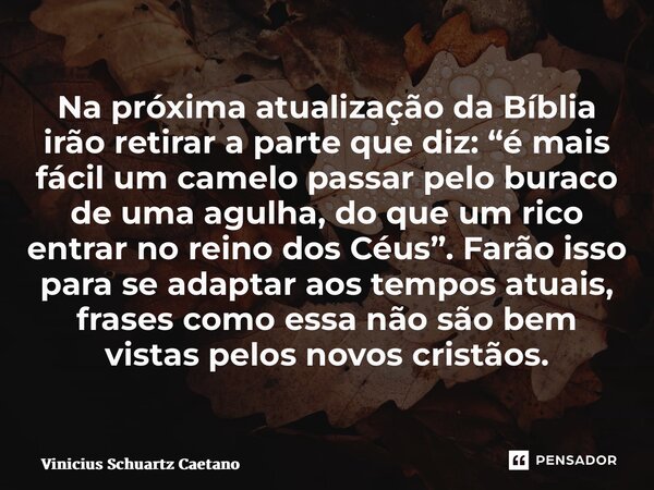 ⁠⁠Na próxima atualização da Bíblia irão retirar a parte que diz: “é mais fácil um camelo passar pelo buraco de uma agulha, do que um rico entrar no reino dos Cé... Frase de Vinicius Schuartz Caetano.