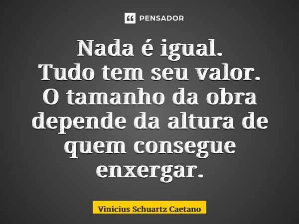 ⁠Nada é igual. Tudo tem seu valor. O tamanho da obra depende da altura de quem consegue enxergar.... Frase de Vinicius Schuartz Caetano.