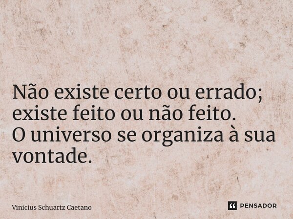 ⁠ Não existe certo ou errado; existe feito ou não feito. O universo se organiza à sua vontade.... Frase de Vinicius Schuartz Caetano.